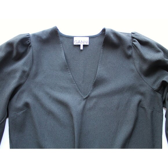 GANNI Crepe Midi Dress / Size 38 / US 6 / Black Slit Volumous Sleeves - Picture 5 of 9